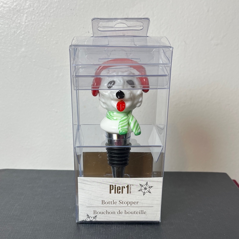 Pier 1 Ceramic White Dog w Red Earmuffs Green Scarf Holiday‎ Wine Bottle Stopper